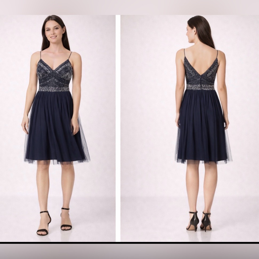 MARINA Navy Beaded A-Line Spaghetti Strap Dress